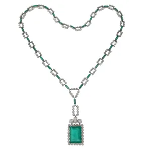 Antique Art Deco Emerald Glass Drop Silver Panel Necklace
