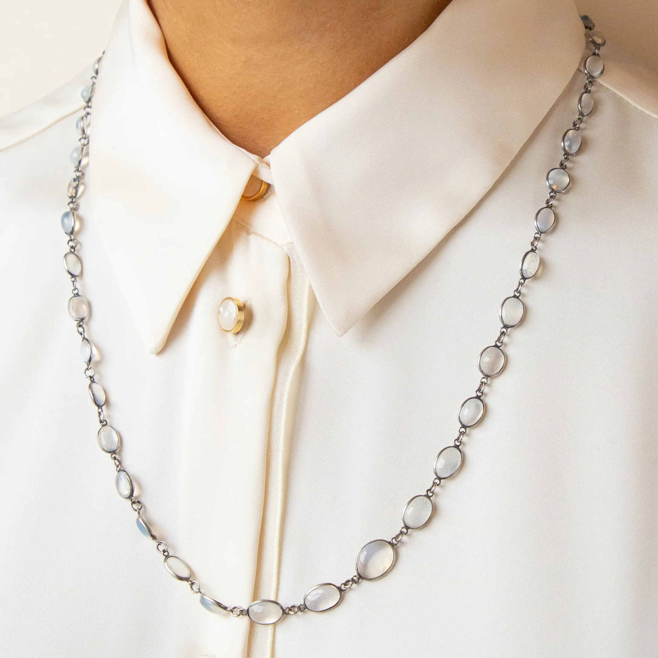 Antique Silver Moonstone Riviere Necklace, 28.45ct