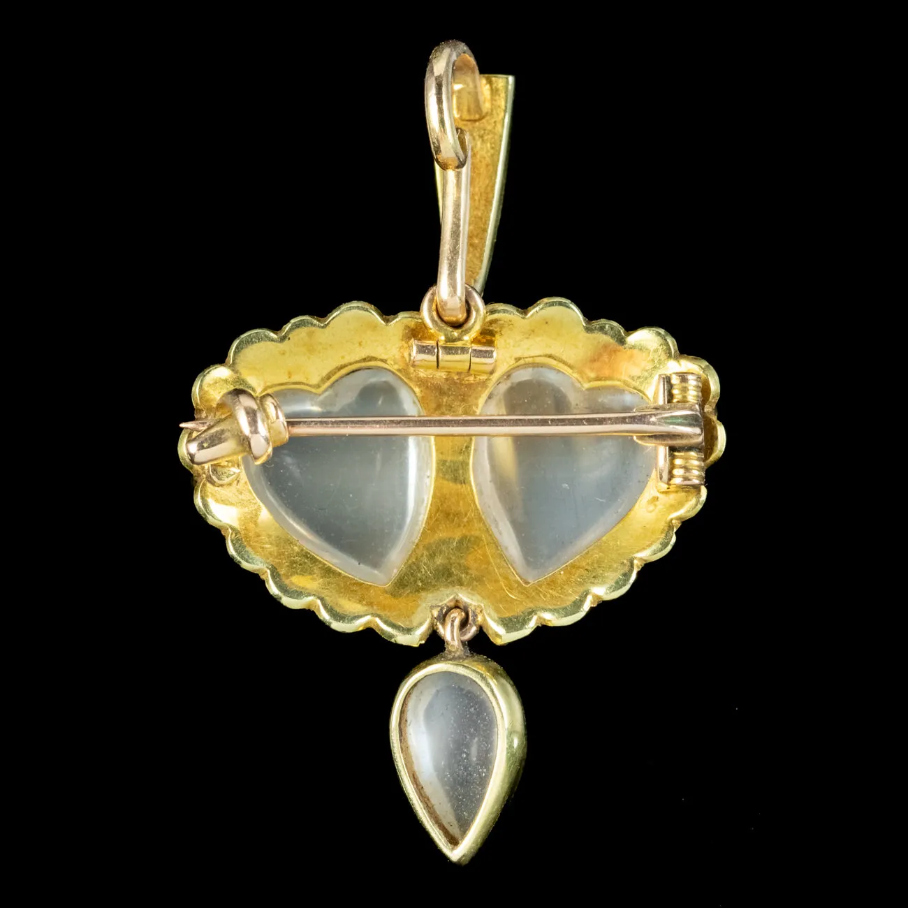 Antique Victorian Moonstone Pearl Double Heart Pendant 18ct Gold