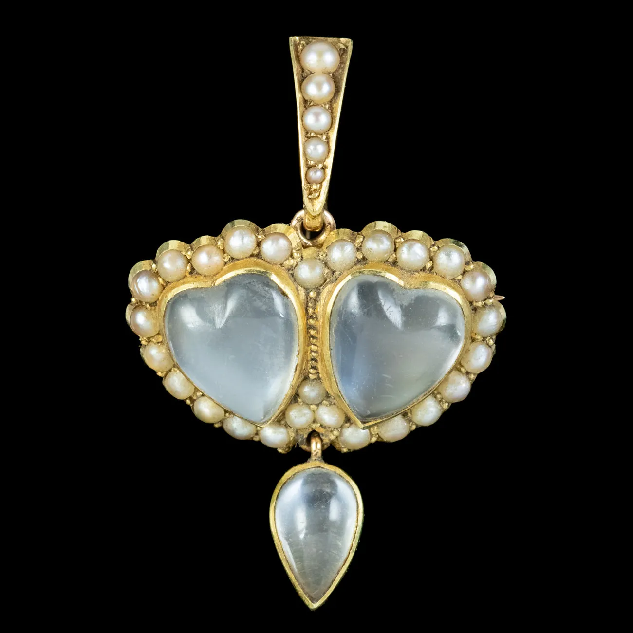 Antique Victorian Moonstone Pearl Double Heart Pendant 18ct Gold