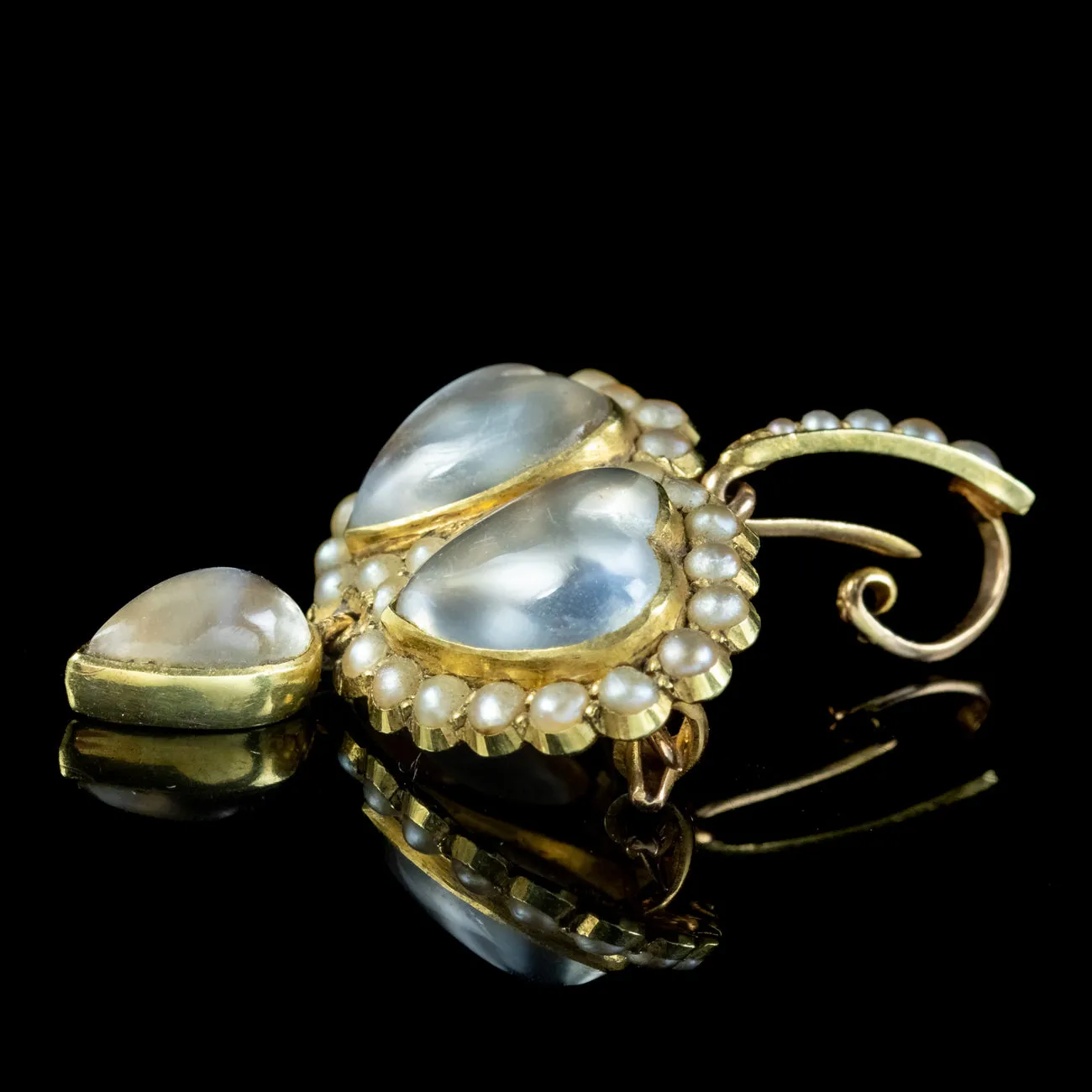 Antique Victorian Moonstone Pearl Double Heart Pendant 18ct Gold