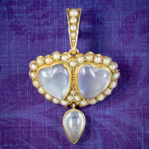 Antique Victorian Moonstone Pearl Double Heart Pendant 18ct Gold