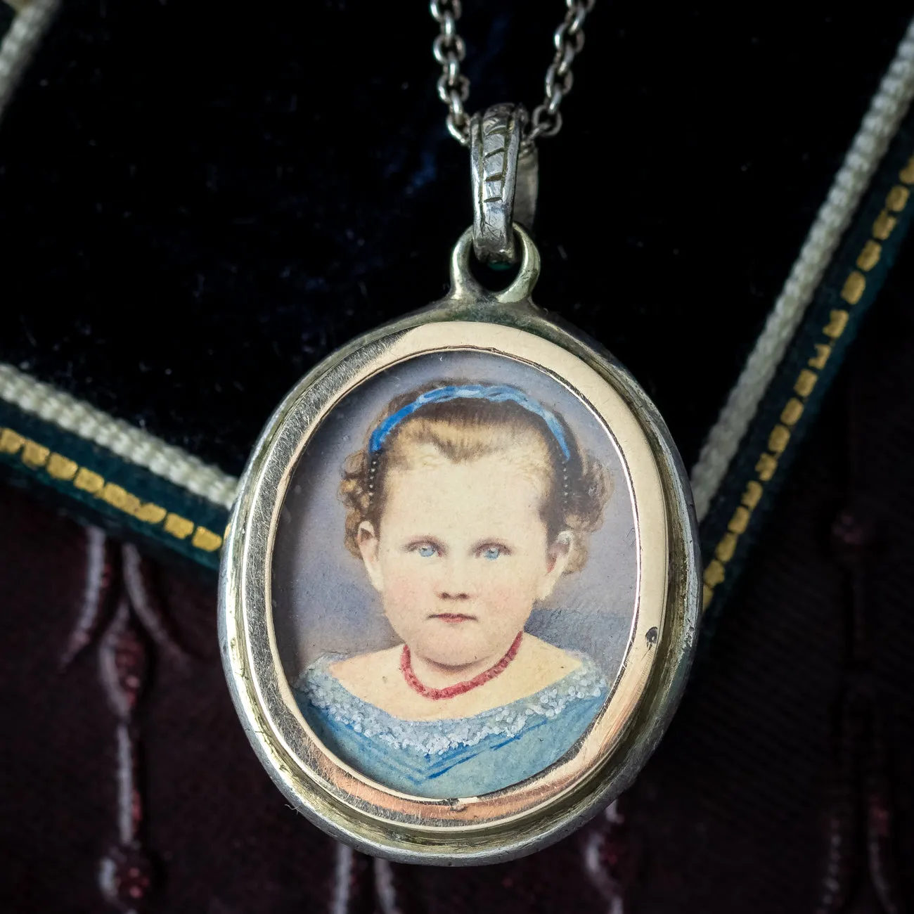 Antique Victorian Turquoise Pearl Locket Necklace With Hand Drawn Portrait