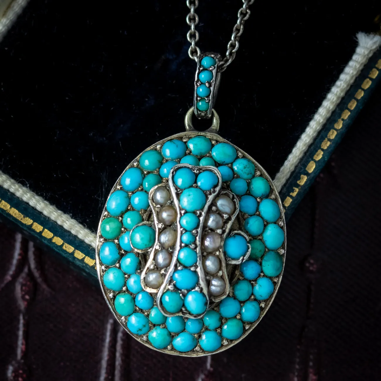 Antique Victorian Turquoise Pearl Locket Necklace With Hand Drawn Portrait