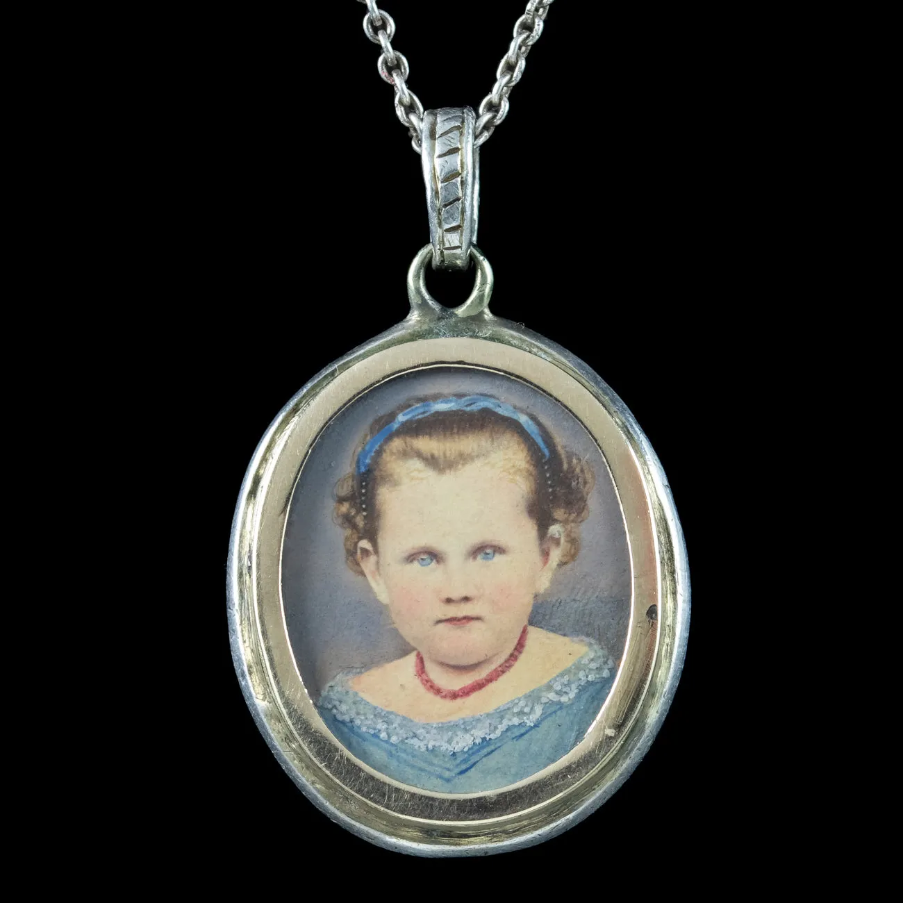 Antique Victorian Turquoise Pearl Locket Necklace With Hand Drawn Portrait