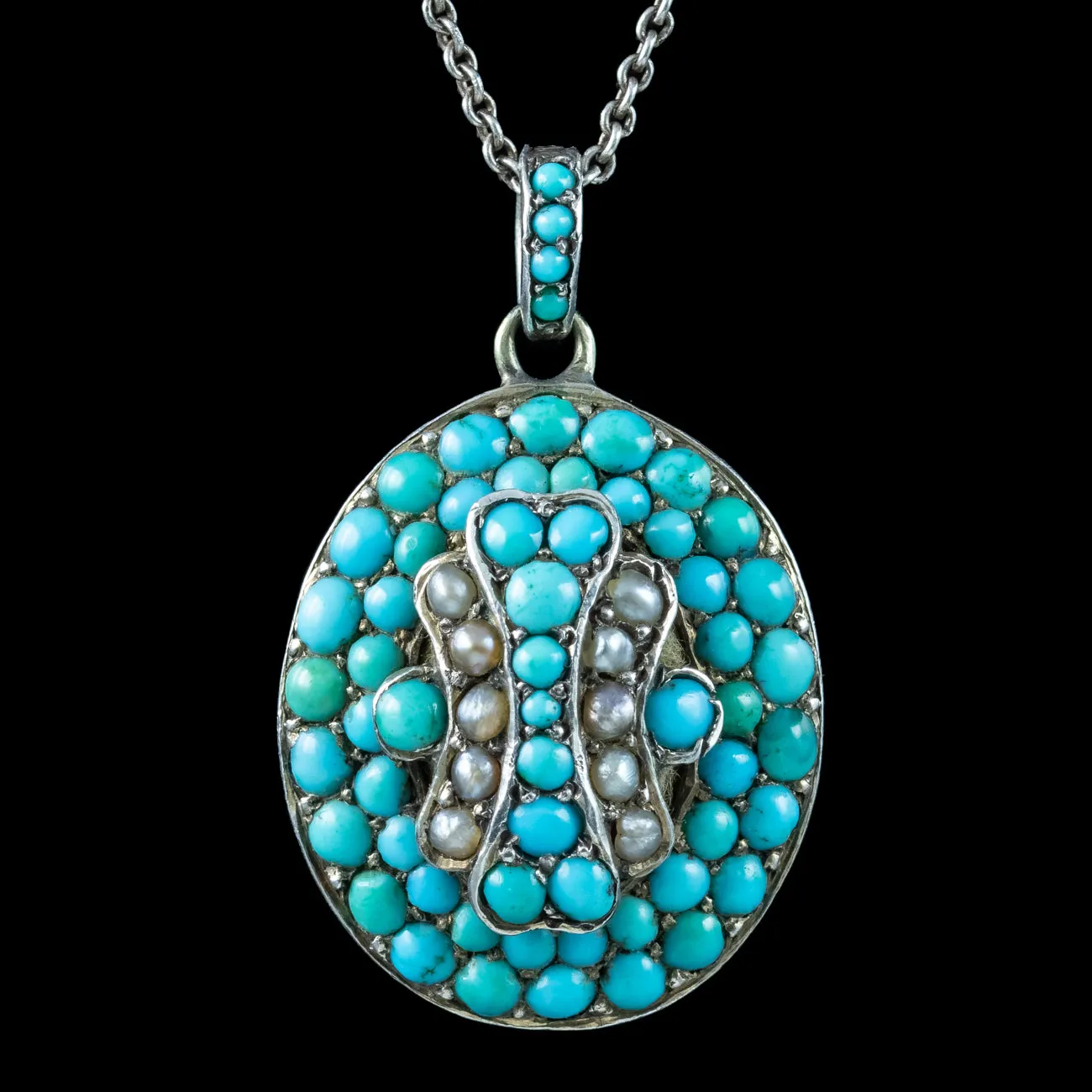 Antique Victorian Turquoise Pearl Locket Necklace With Hand Drawn Portrait