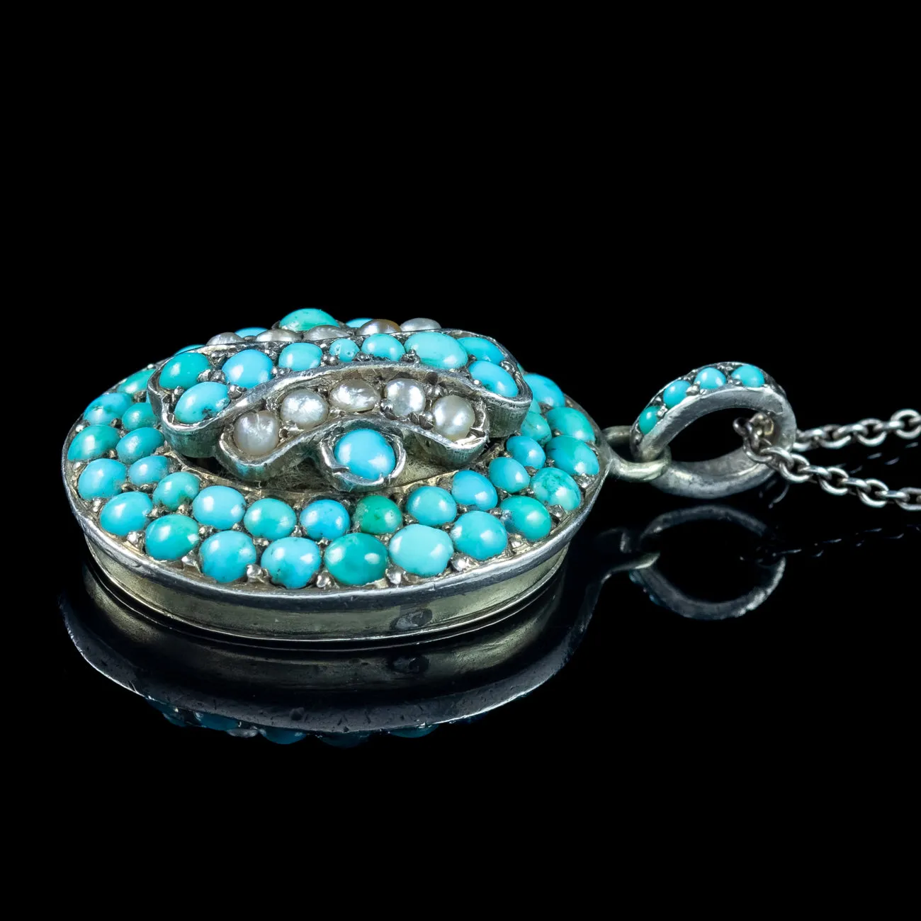Antique Victorian Turquoise Pearl Locket Necklace With Hand Drawn Portrait