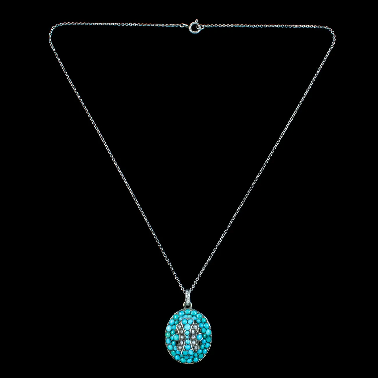 Antique Victorian Turquoise Pearl Locket Necklace With Hand Drawn Portrait