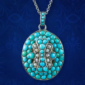 Antique Victorian Turquoise Pearl Locket Necklace With Hand Drawn Portrait
