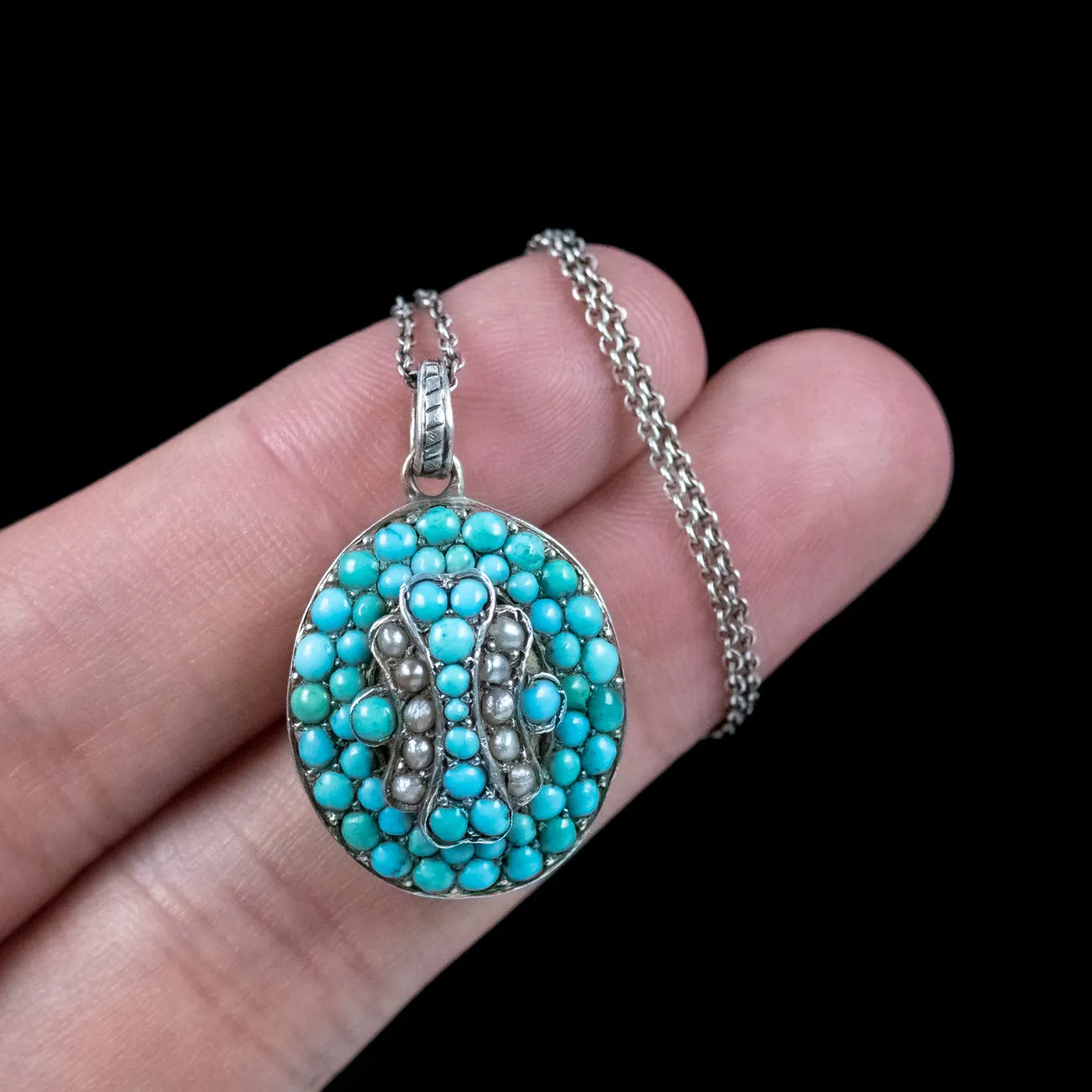 Antique Victorian Turquoise Pearl Locket Necklace With Hand Drawn Portrait