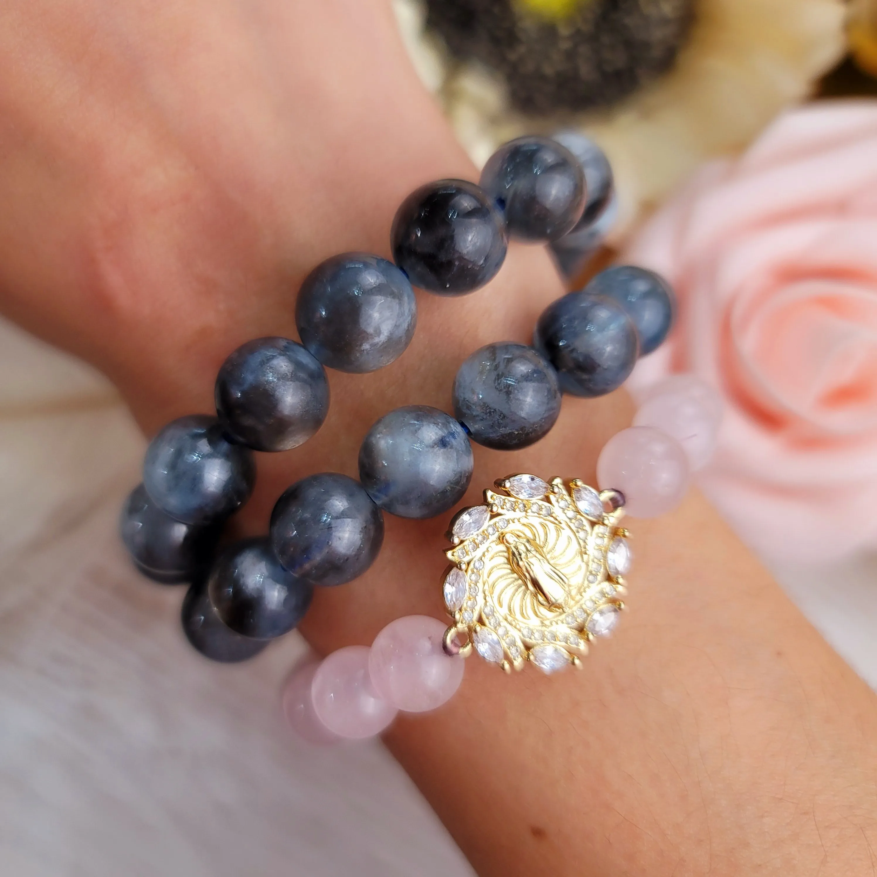 Aquamarine With Biotite (AA Grade) 10 mm  Bracelet for Calm Communication