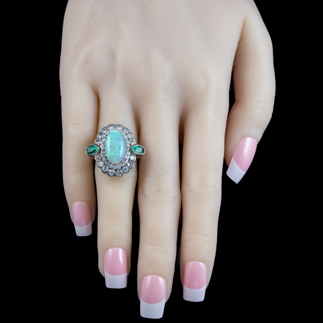 Art Deco Opal Emerald Diamond Cocktail Ring 4ct Opal