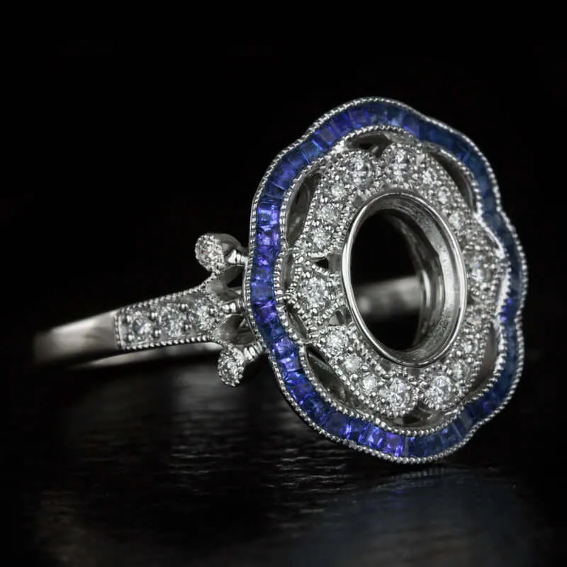 ART DECO SAPPHIRE DIAMOND SEMI MOUNT ENGAGEMENT RING OVAL SETTING VINTAGE STYLE