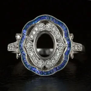ART DECO SAPPHIRE DIAMOND SEMI MOUNT ENGAGEMENT RING OVAL SETTING VINTAGE STYLE