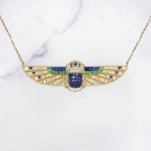ART DECO STYLE SCARAB NECKLACE DIAMOND SAPPHIRE EMERALD 18k GOLD VINTAGE PENDANT