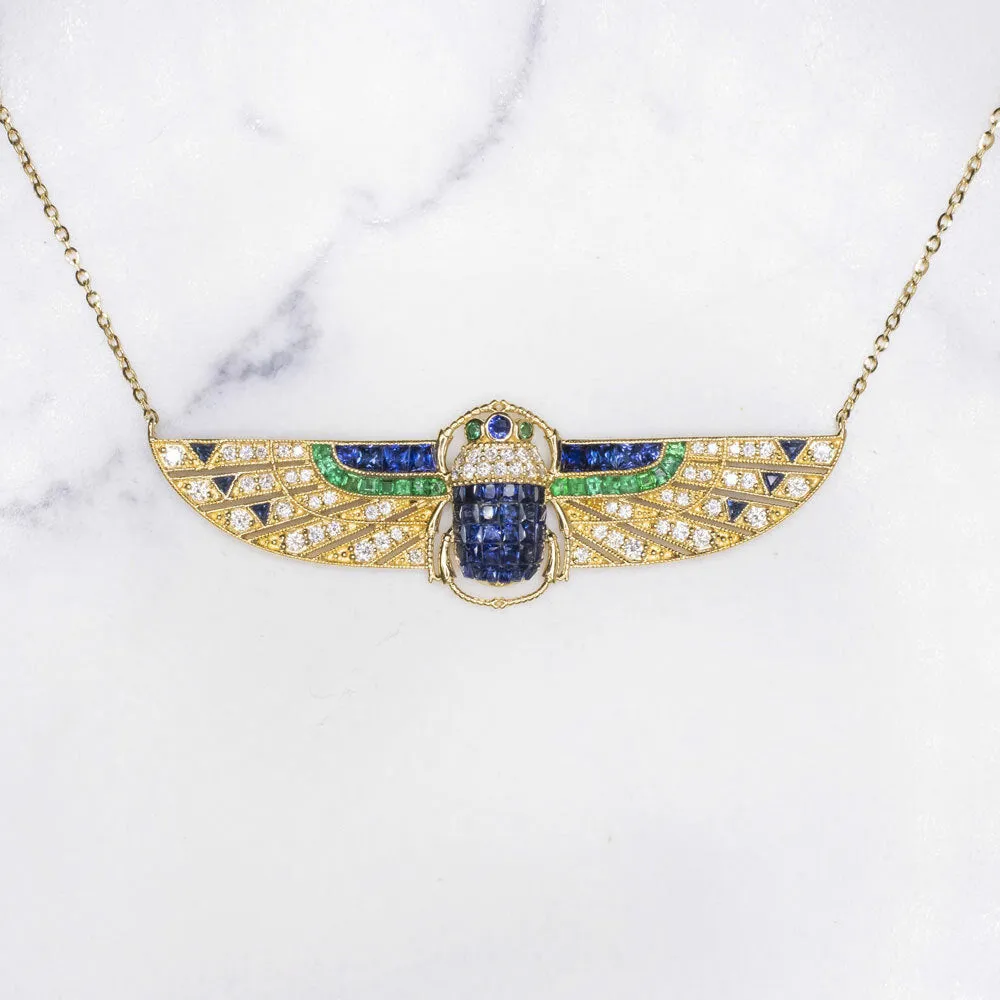 ART DECO STYLE SCARAB NECKLACE DIAMOND SAPPHIRE EMERALD 18k GOLD VINTAGE PENDANT