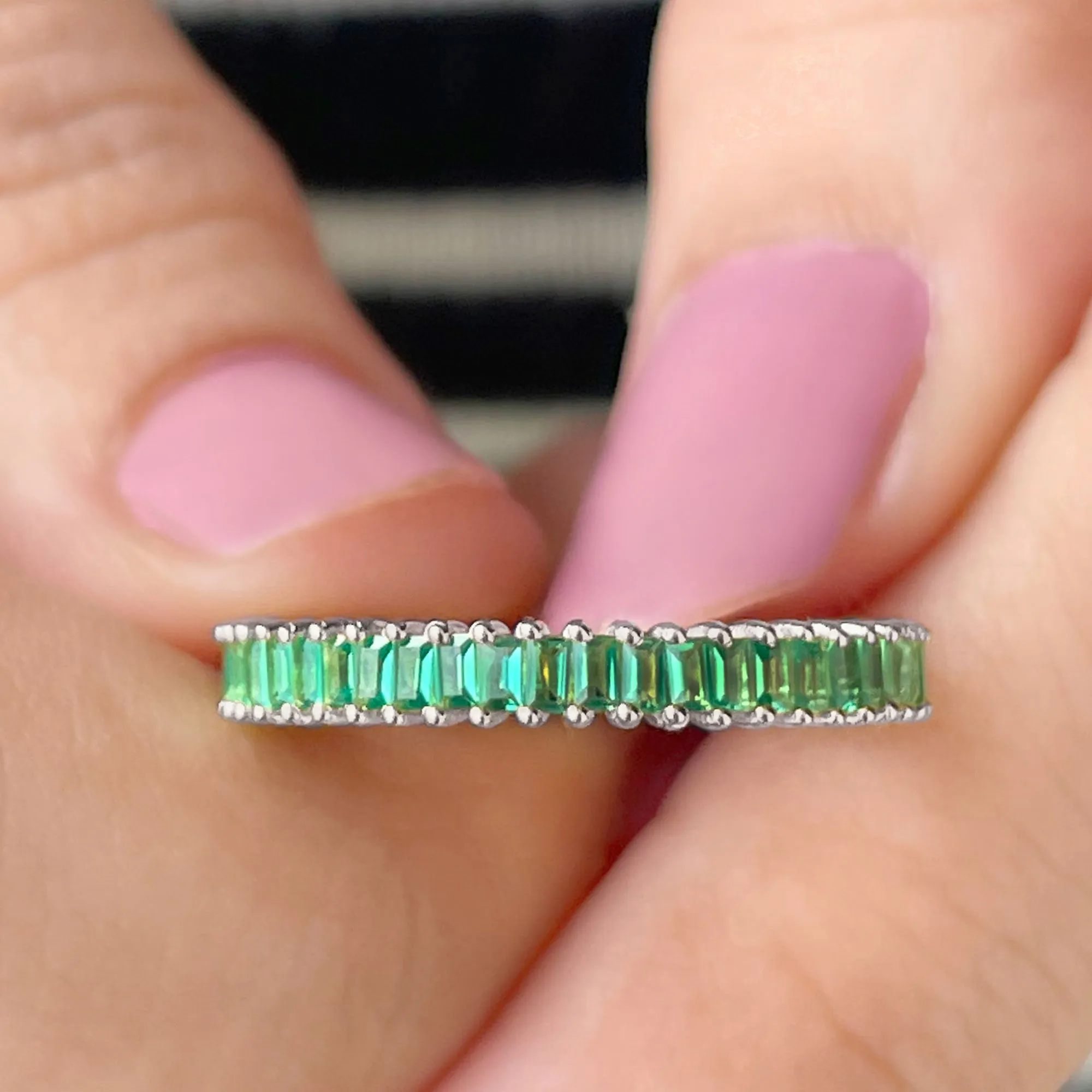 Baguette Cut Lab Grown Emerald Eternity Ring
