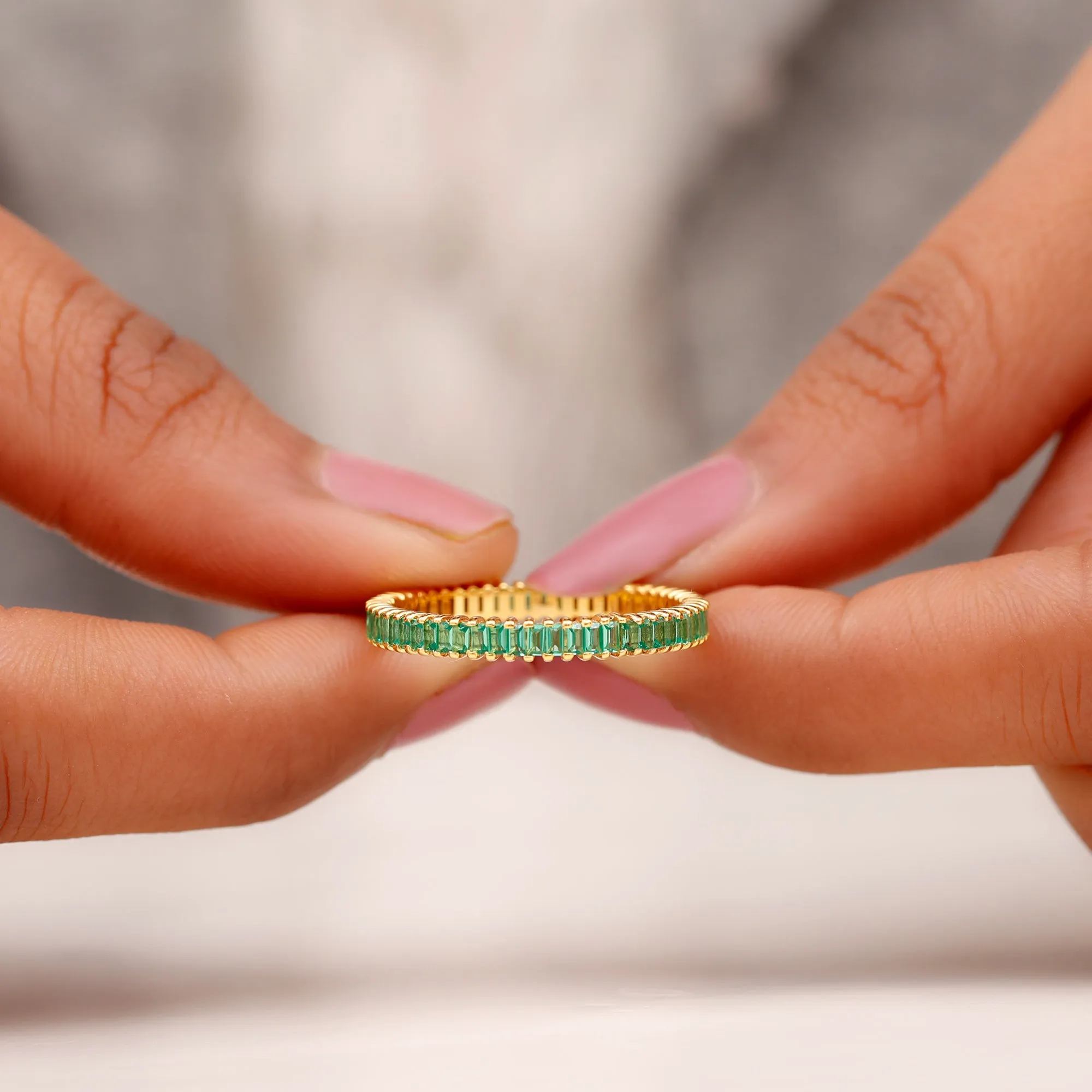 Baguette Cut Lab Grown Emerald Eternity Ring