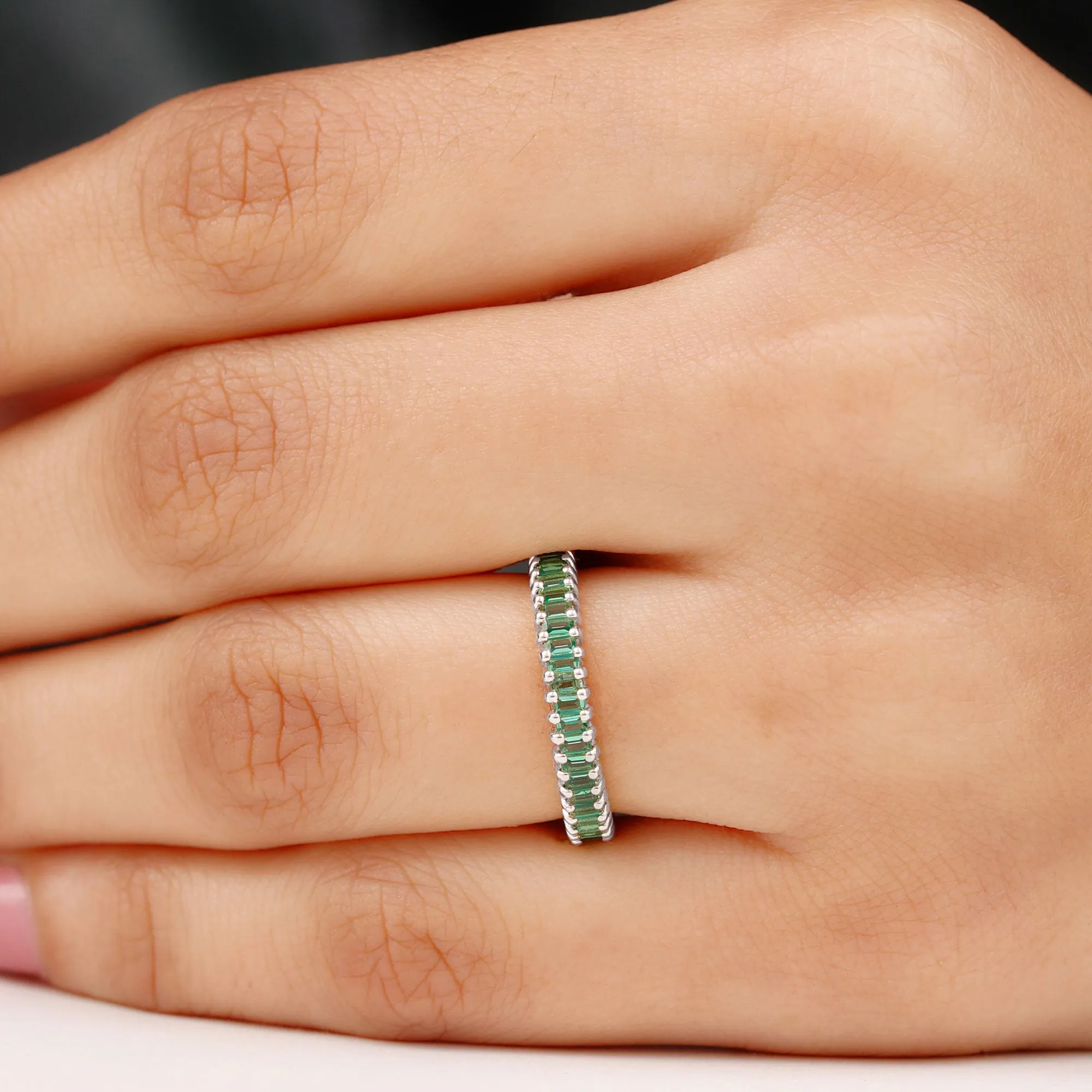 Baguette Cut Lab Grown Emerald Eternity Ring