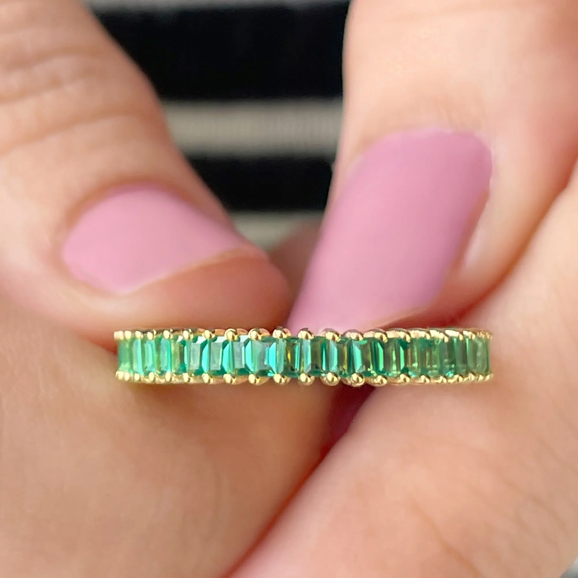 Baguette Cut Lab Grown Emerald Eternity Ring