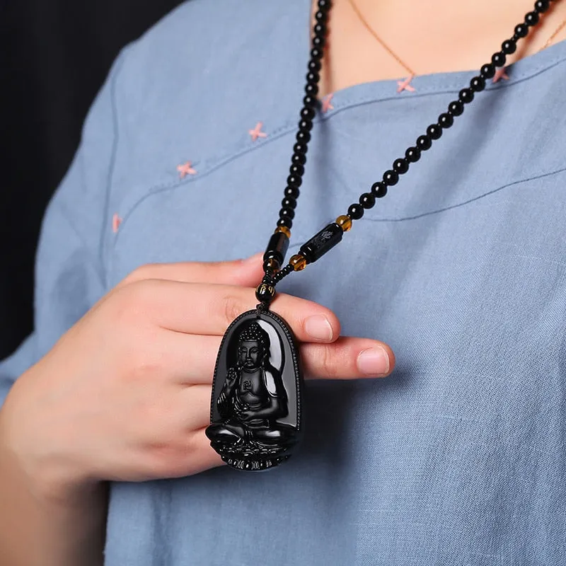 Black Obsidian Buddha Lucky Amulet Pendant
