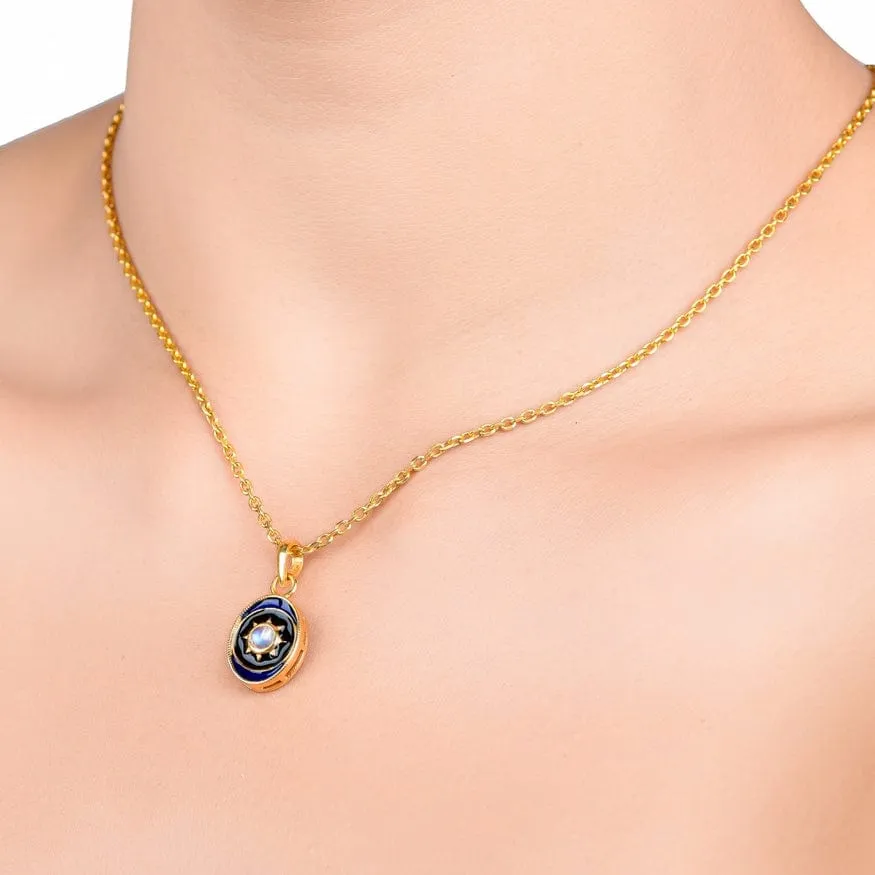 Blue Enamel Moonstone Pendant Necklace