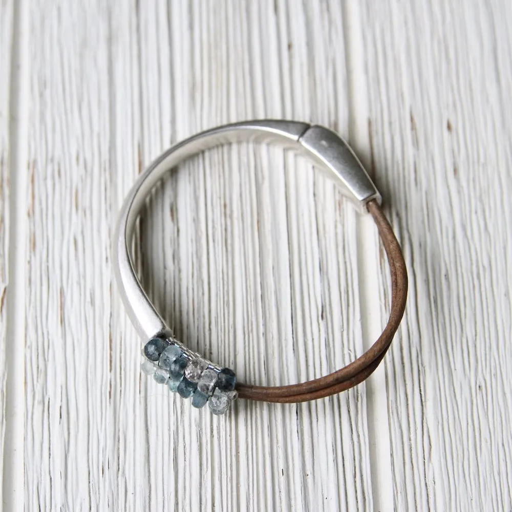 Blue Moss Aquamarine Hand Stitched Leather 1/2 Cuff