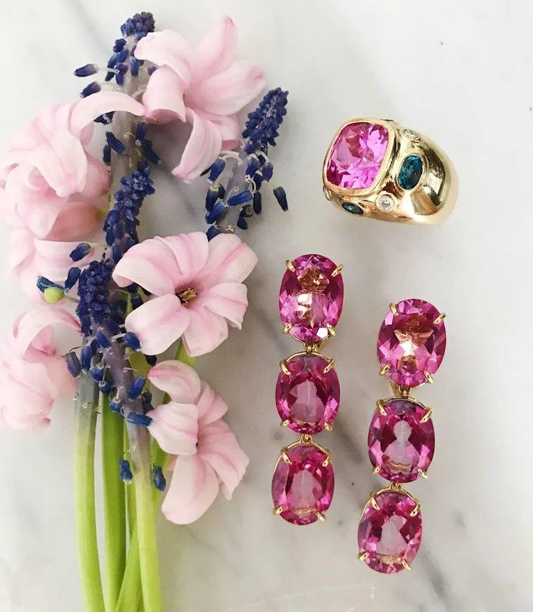 Bonheur Ring, Pink Topaz and Peridot and Diamond Yellow Gold Domed Ring