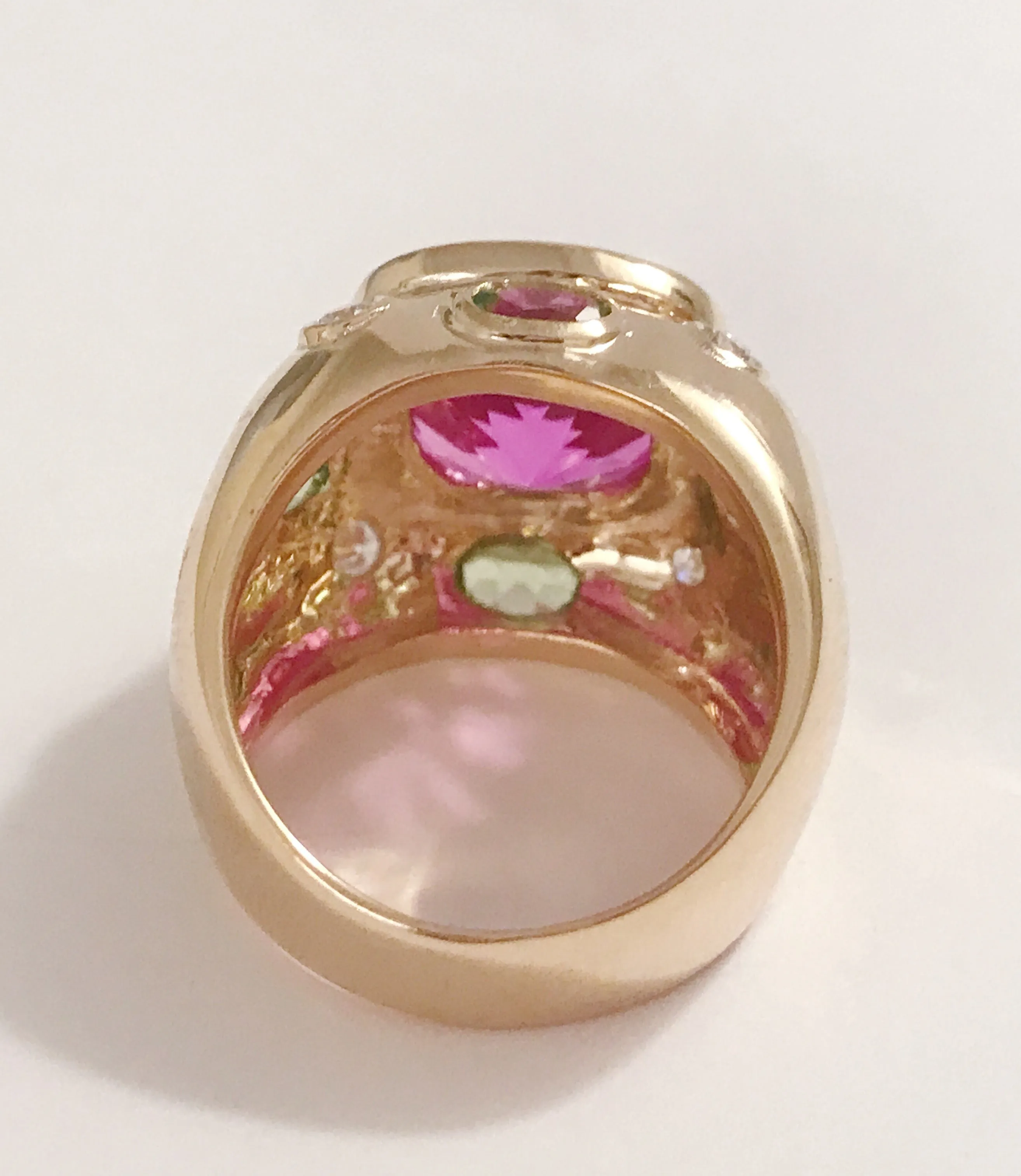 Bonheur Ring, Pink Topaz and Peridot and Diamond Yellow Gold Domed Ring