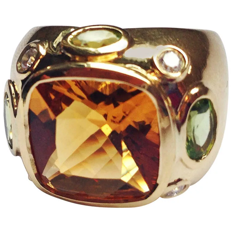 Bonheur Ring, Pink Topaz and Peridot and Diamond Yellow Gold Domed Ring