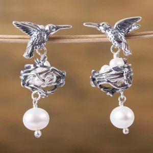 Cultured Pearl Hummingbird Dangle Earrings from Mexico - Hummingbird Mamas | NOVICA