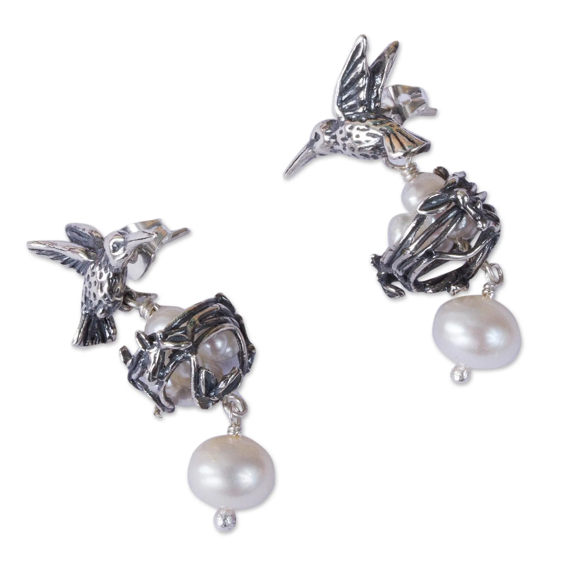 Cultured Pearl Hummingbird Dangle Earrings from Mexico - Hummingbird Mamas | NOVICA