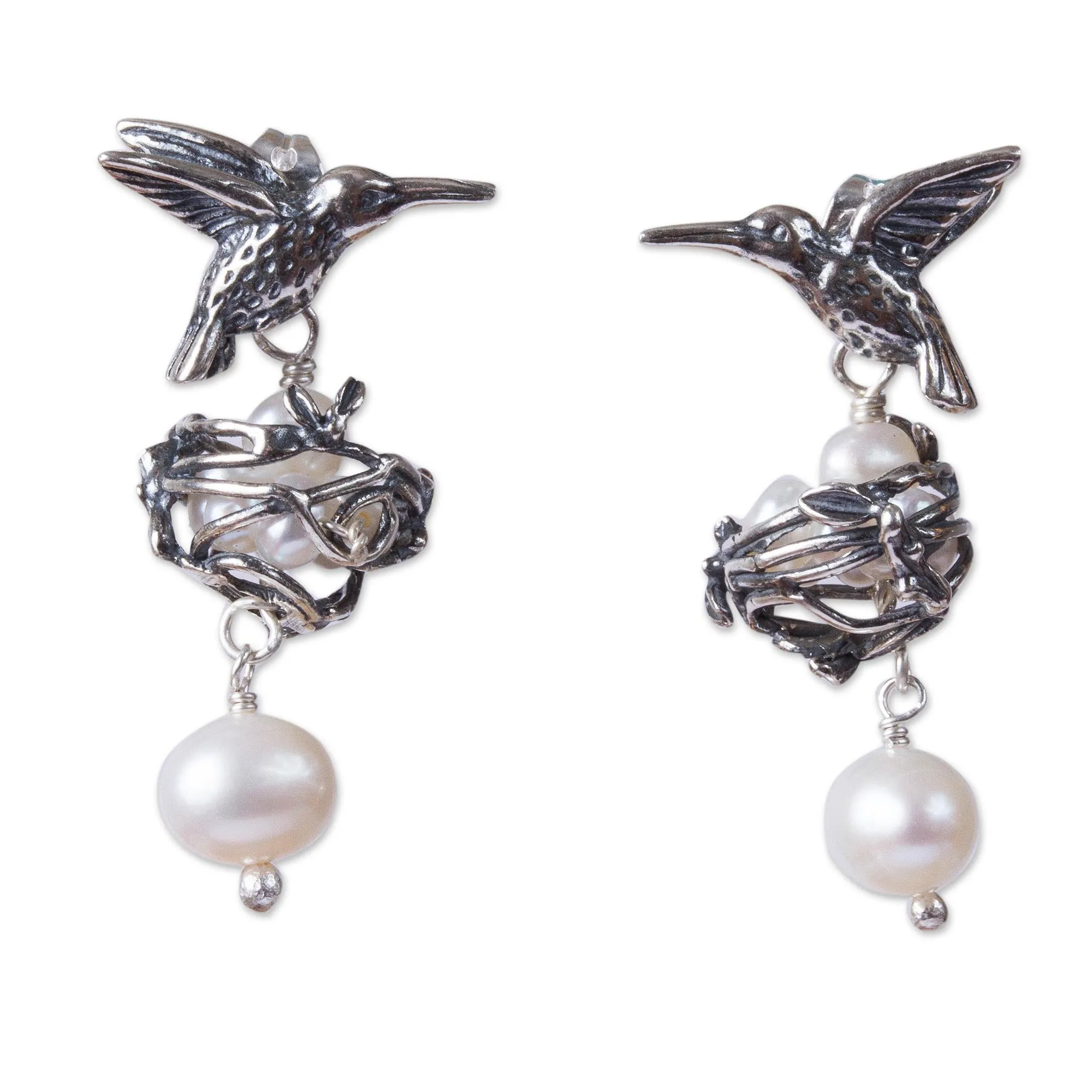 Cultured Pearl Hummingbird Dangle Earrings from Mexico - Hummingbird Mamas | NOVICA