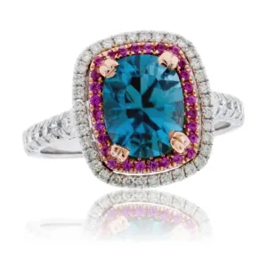 Cushion Blue Zircon with Diamond & Pink Sapphire Double Halo Ring
