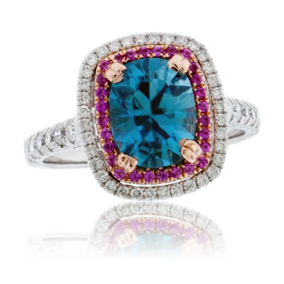 Cushion Blue Zircon with Diamond & Pink Sapphire Double Halo Ring