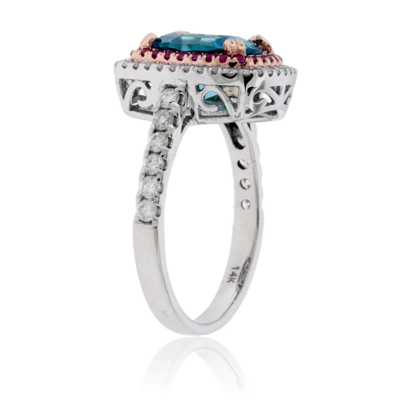 Cushion Blue Zircon with Diamond & Pink Sapphire Double Halo Ring