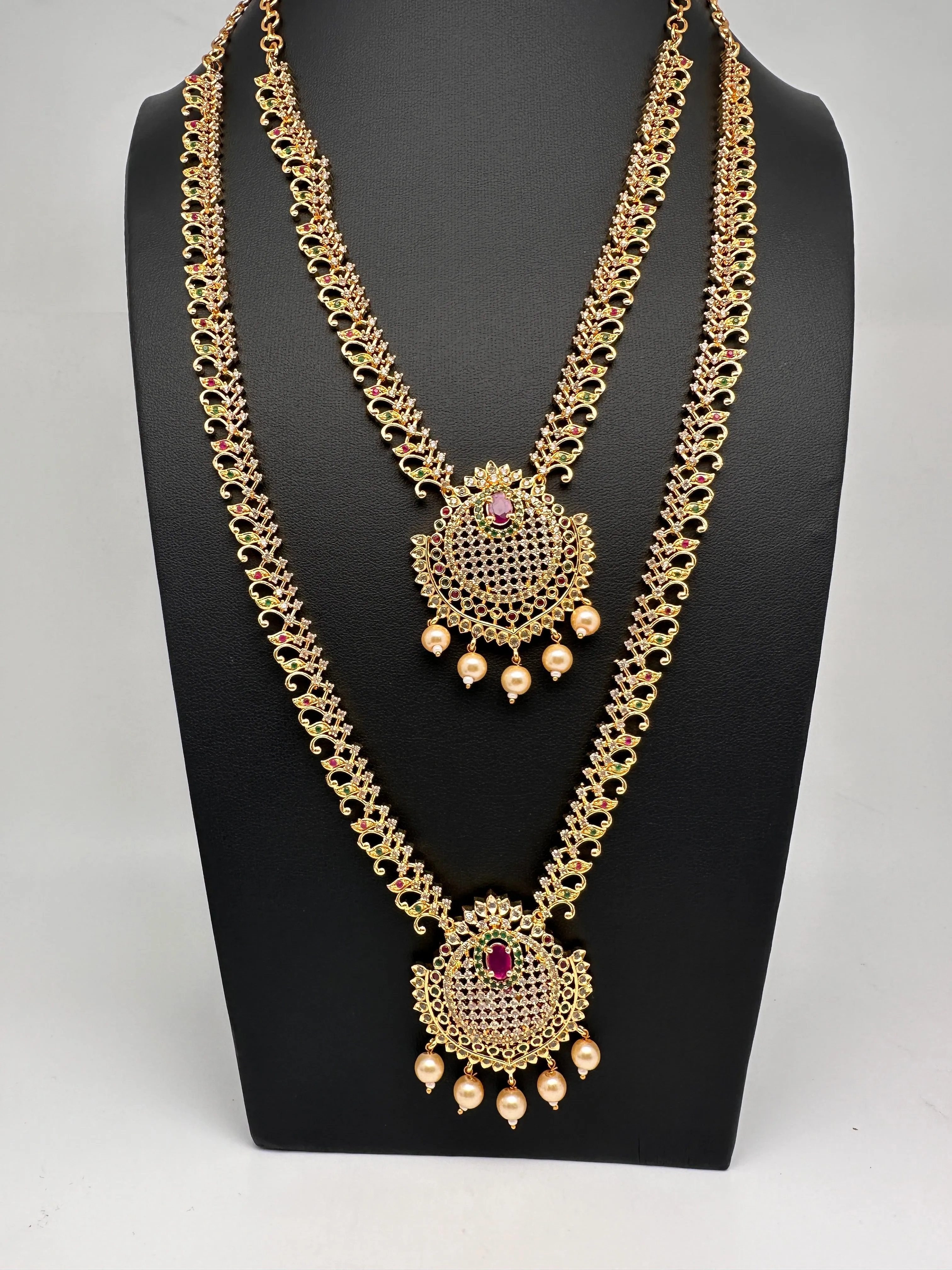 CZ Multi Stone Long Short Combo Necklace Set
