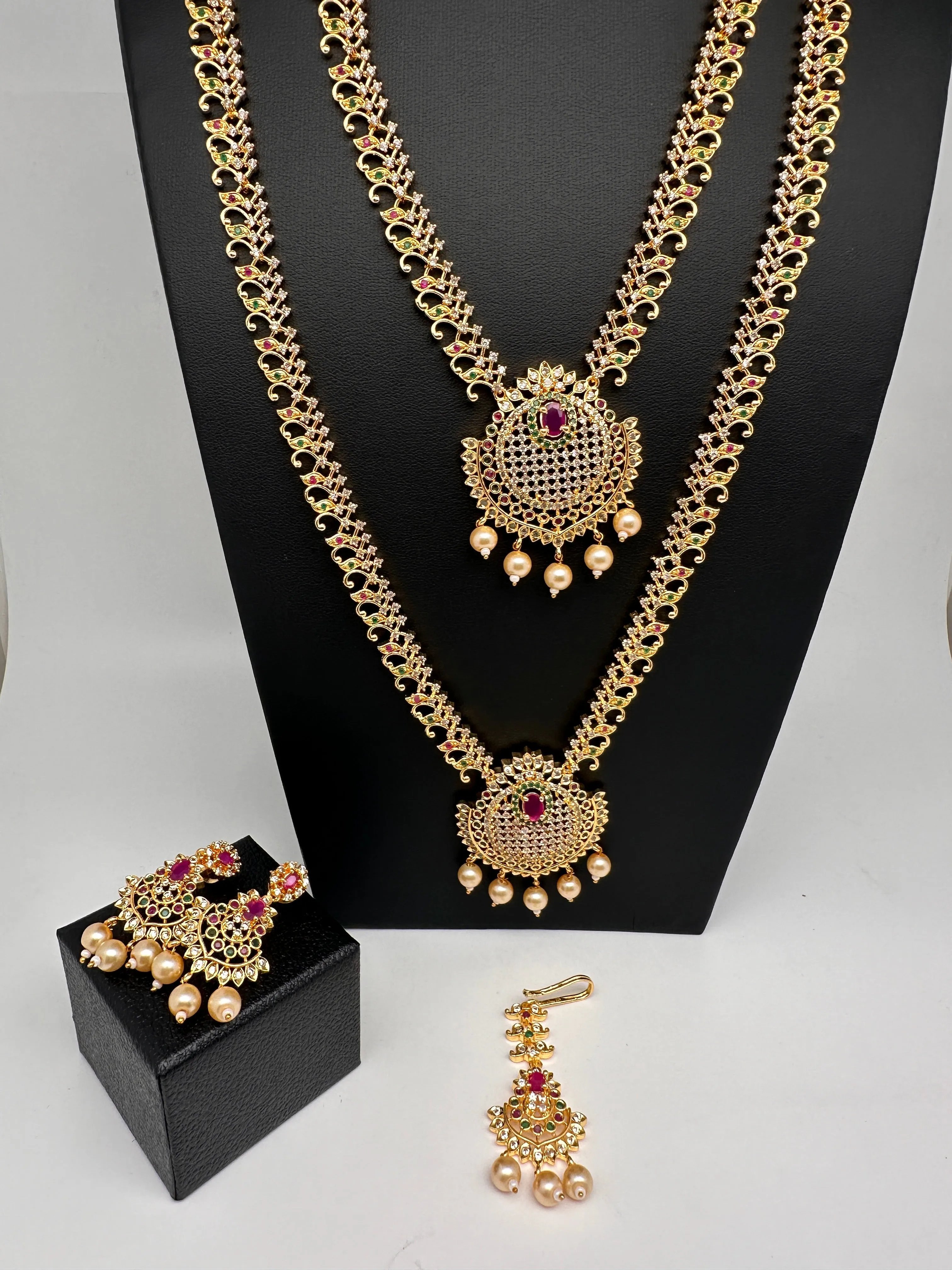 CZ Multi Stone Long Short Combo Necklace Set