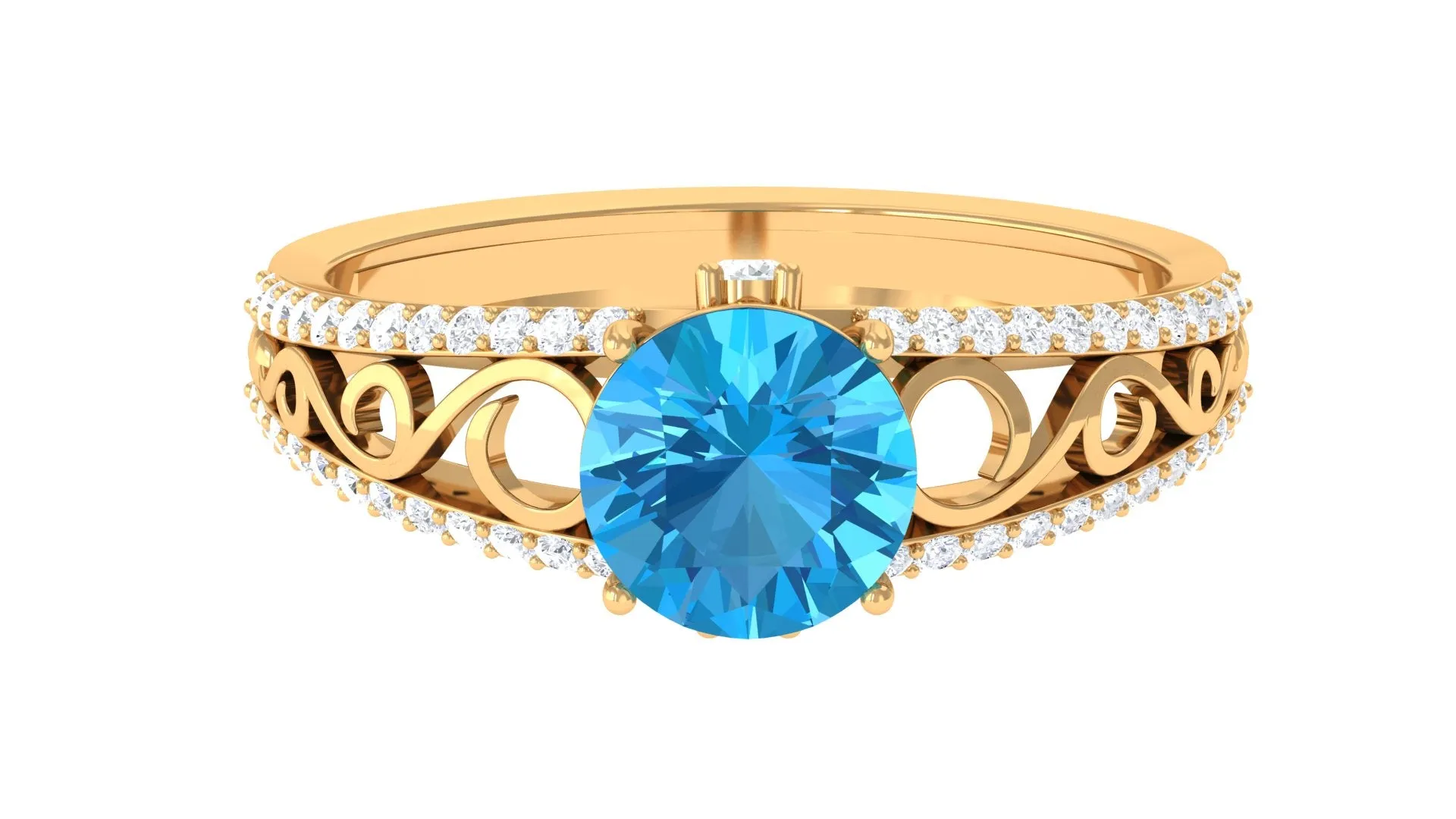 Designer Swiss Blue Topaz Solitaire Engagement Ring with Diamond Accents