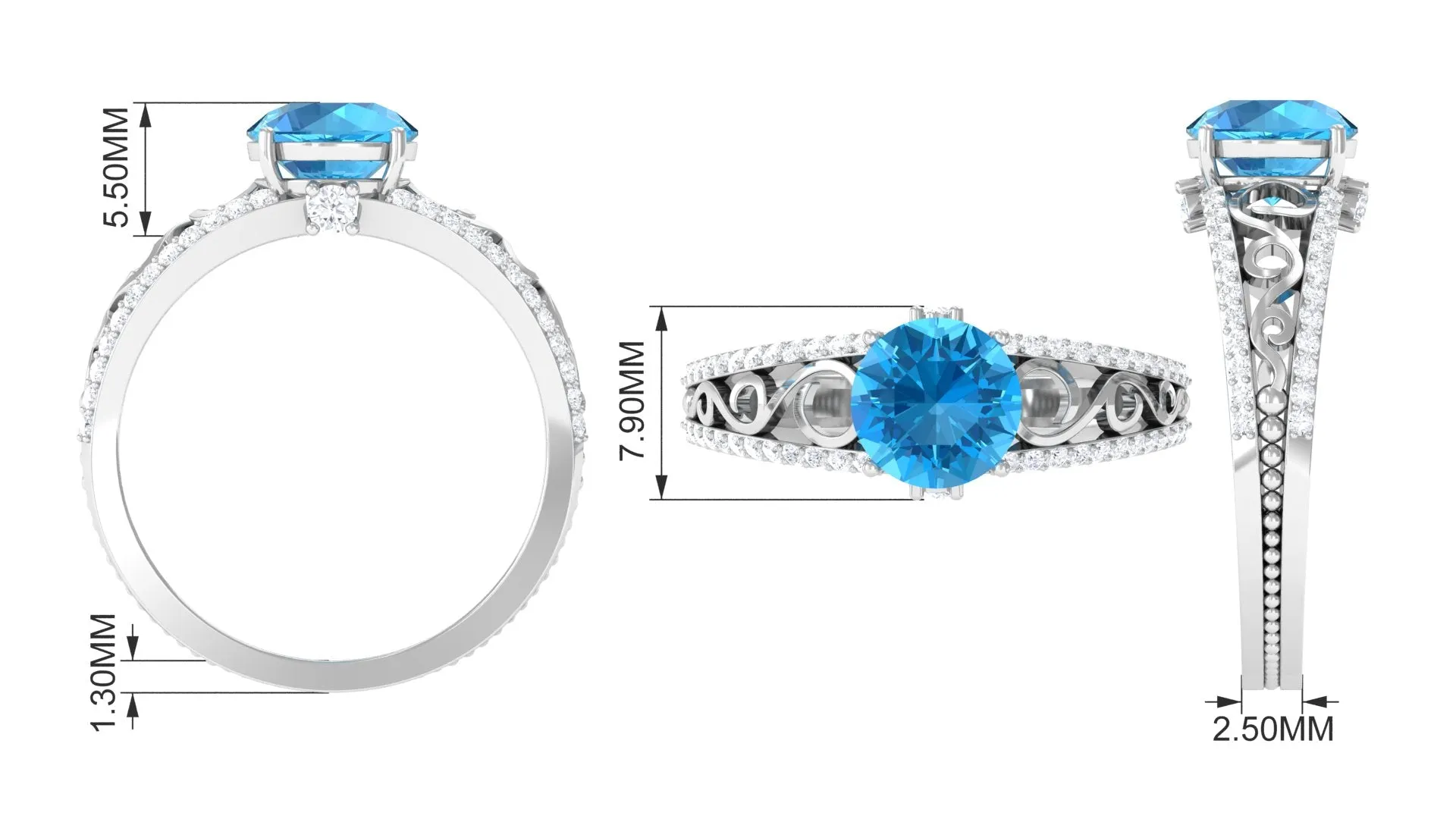 Designer Swiss Blue Topaz Solitaire Engagement Ring with Diamond Accents
