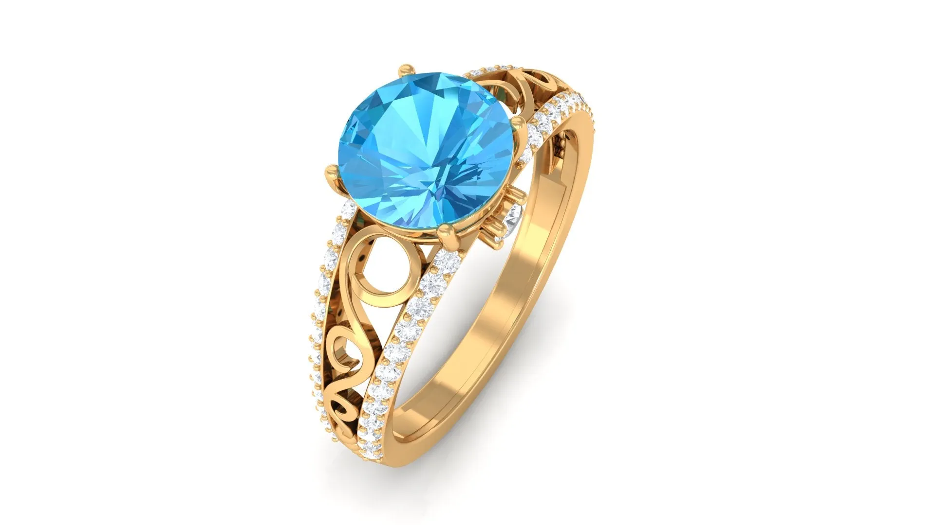 Designer Swiss Blue Topaz Solitaire Engagement Ring with Diamond Accents