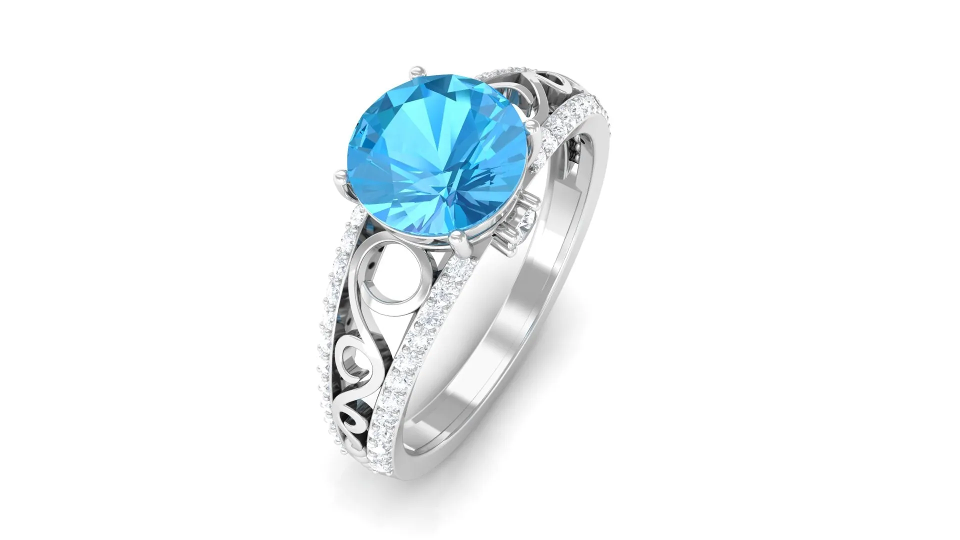 Designer Swiss Blue Topaz Solitaire Engagement Ring with Diamond Accents
