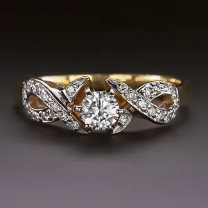 DIAMOND COCKTAIL RING 1/3ct F SI1 ROUND 14k YELLOW GOLD RIBBON ESTATE NATURAL