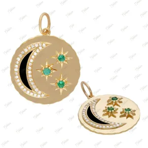 Diamond Emerald Black Enamel Moon & Star Pendant 20mm