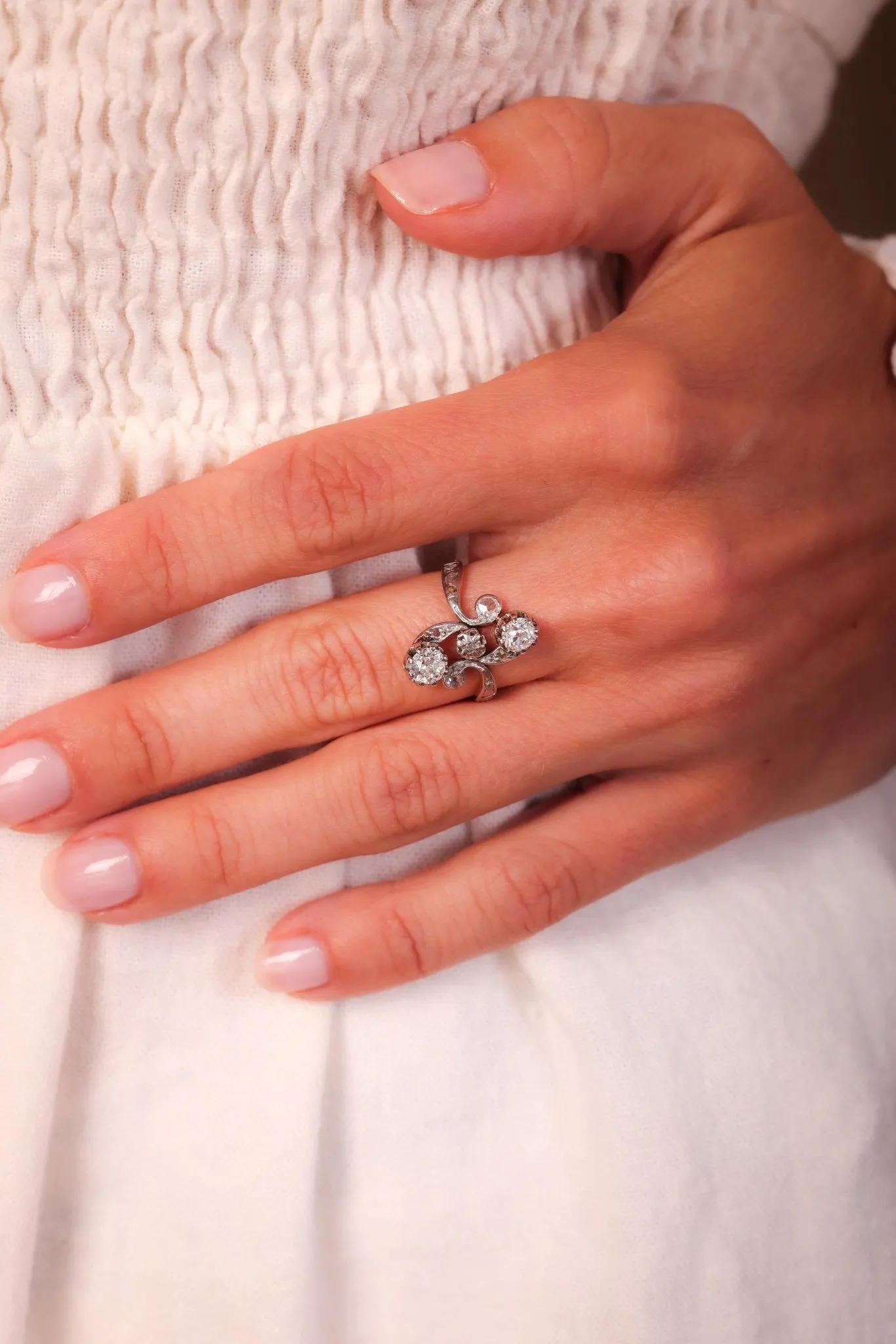 Edwardian Diamond 18K Rose and White Gold Toi Et Moi Ring