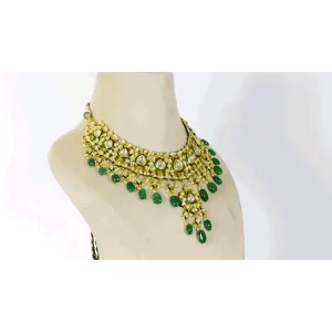 Embrace Opulence: Introducing our Green Meena Big Necklace and Earring Pair - (KMNE3442)