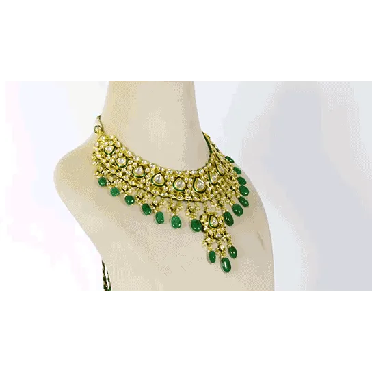 Embrace Opulence: Introducing our Green Meena Big Necklace and Earring Pair - (KMNE3442)