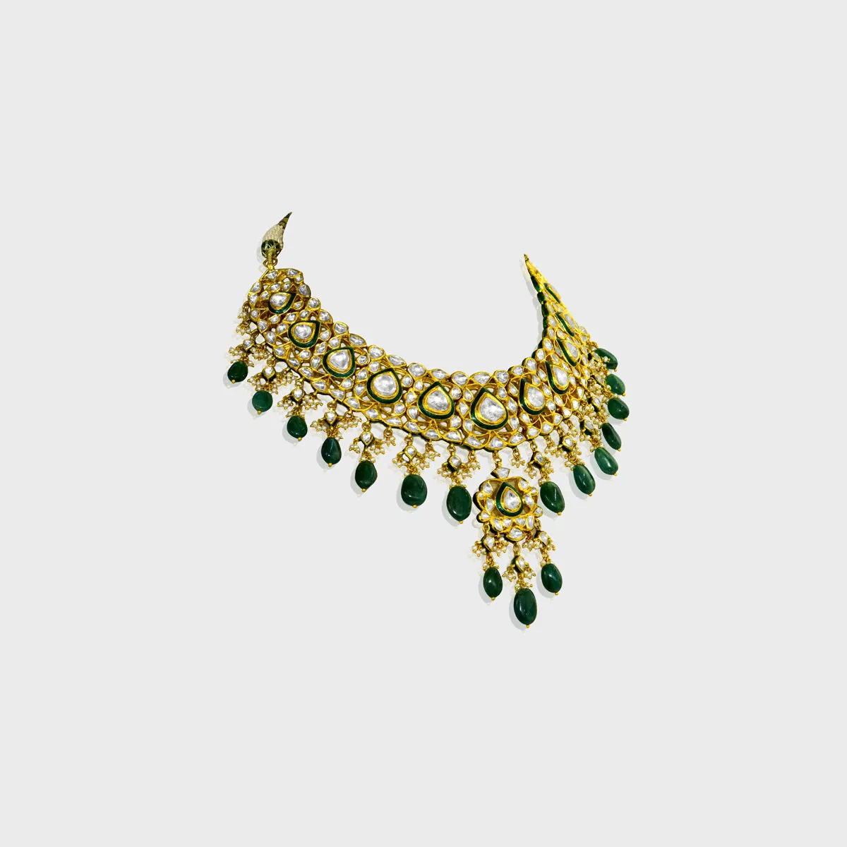 Embrace Opulence: Introducing our Green Meena Big Necklace and Earring Pair - (KMNE3442)