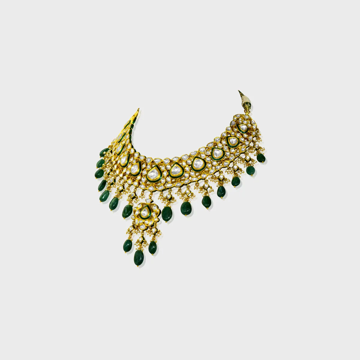Embrace Opulence: Introducing our Green Meena Big Necklace and Earring Pair - (KMNE3442)