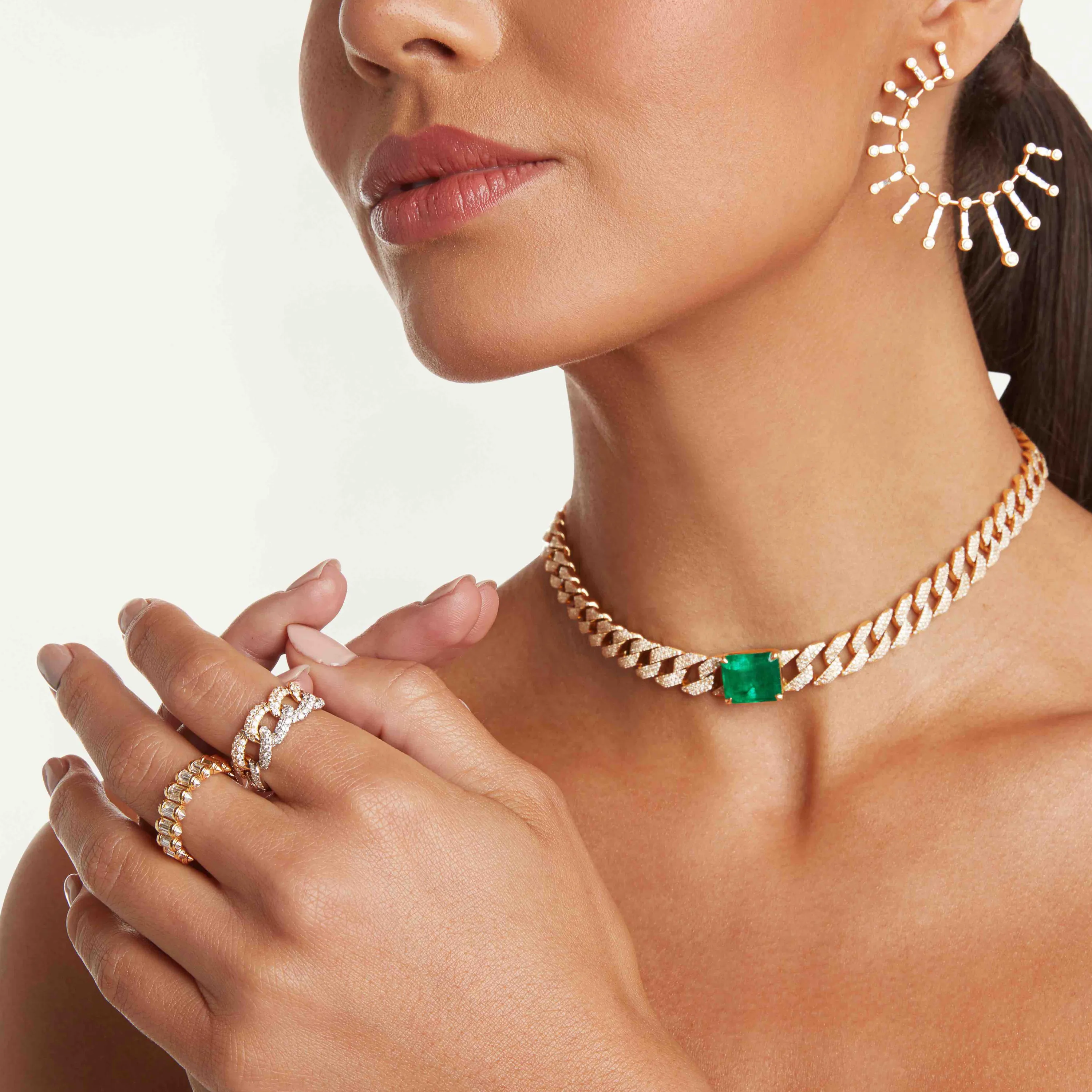 EMERALD SOLITAIRE PAVE GEO LINK NECKLACE